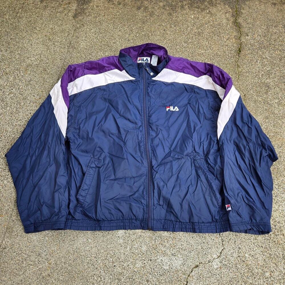 Vtg 90s FILA Embroidered Logo Colorblock Baggy Zip Up Track Jacket Navy XL